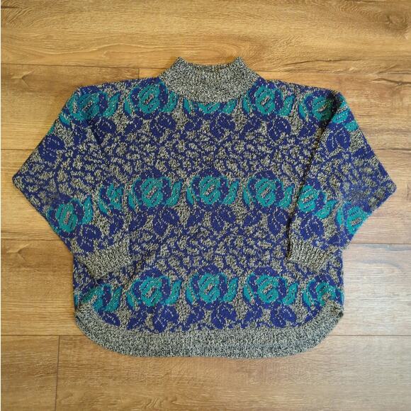 VTG Alyssa Brooke Women Large Pullover Knit Sweater Turtleneck Mock Neck Teal - Picture 1 of 7